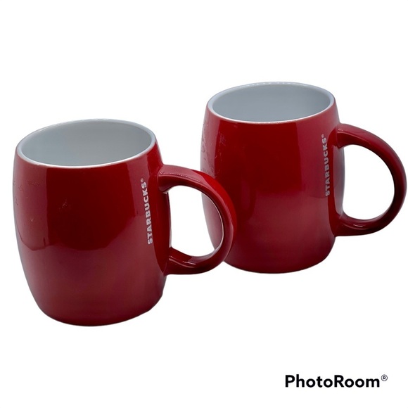 Bundle of 2 Starbucks Red Round Barrel Ceramic Coffee Mugs - Picture 1 of 3